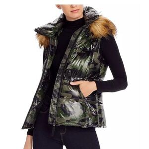 AQUA Faux Fur-Trim Hooded Camo Puffer Duck Down Vest -S